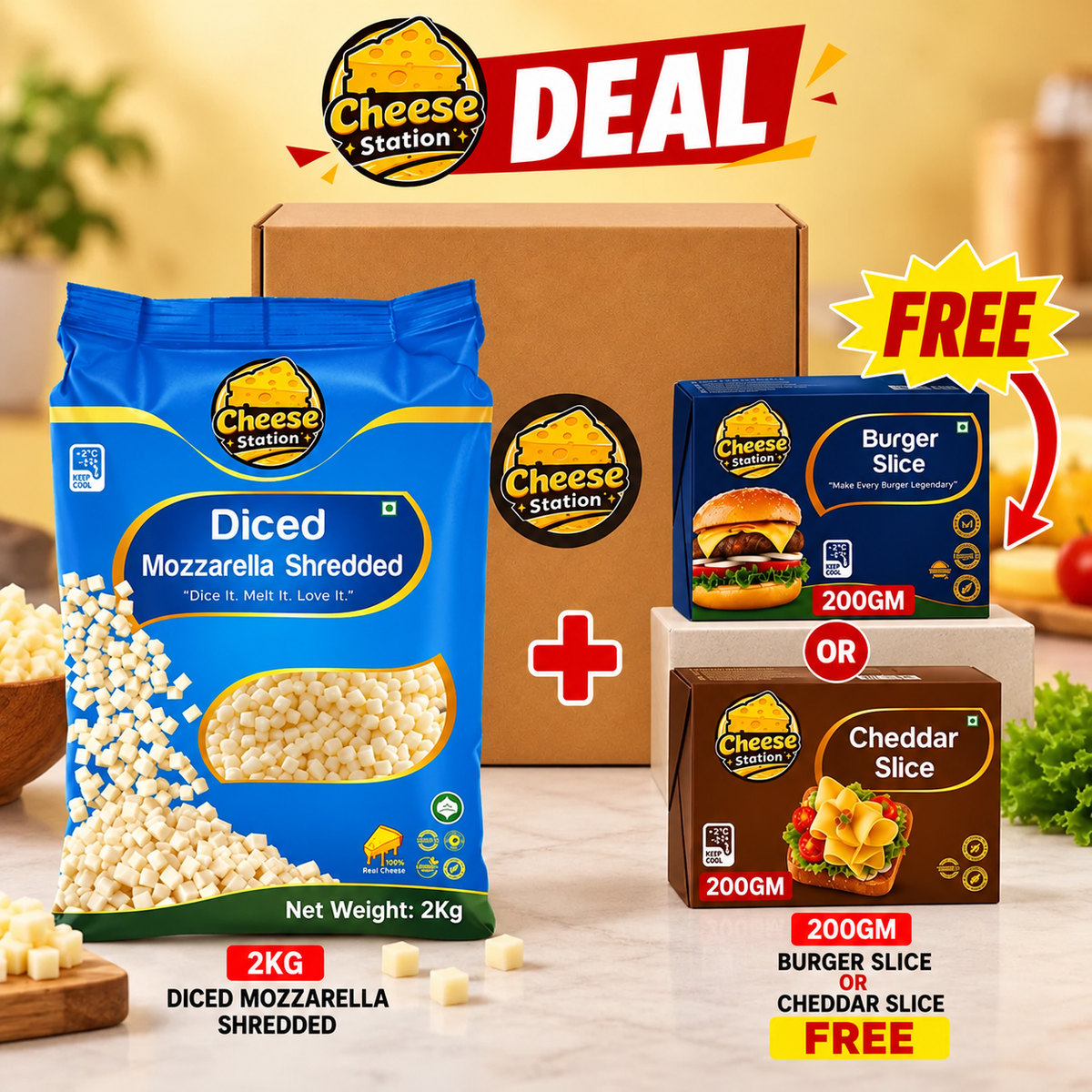 Diced Mozzarella Cheese – 2KG + FREE 200gm Cheese Slices