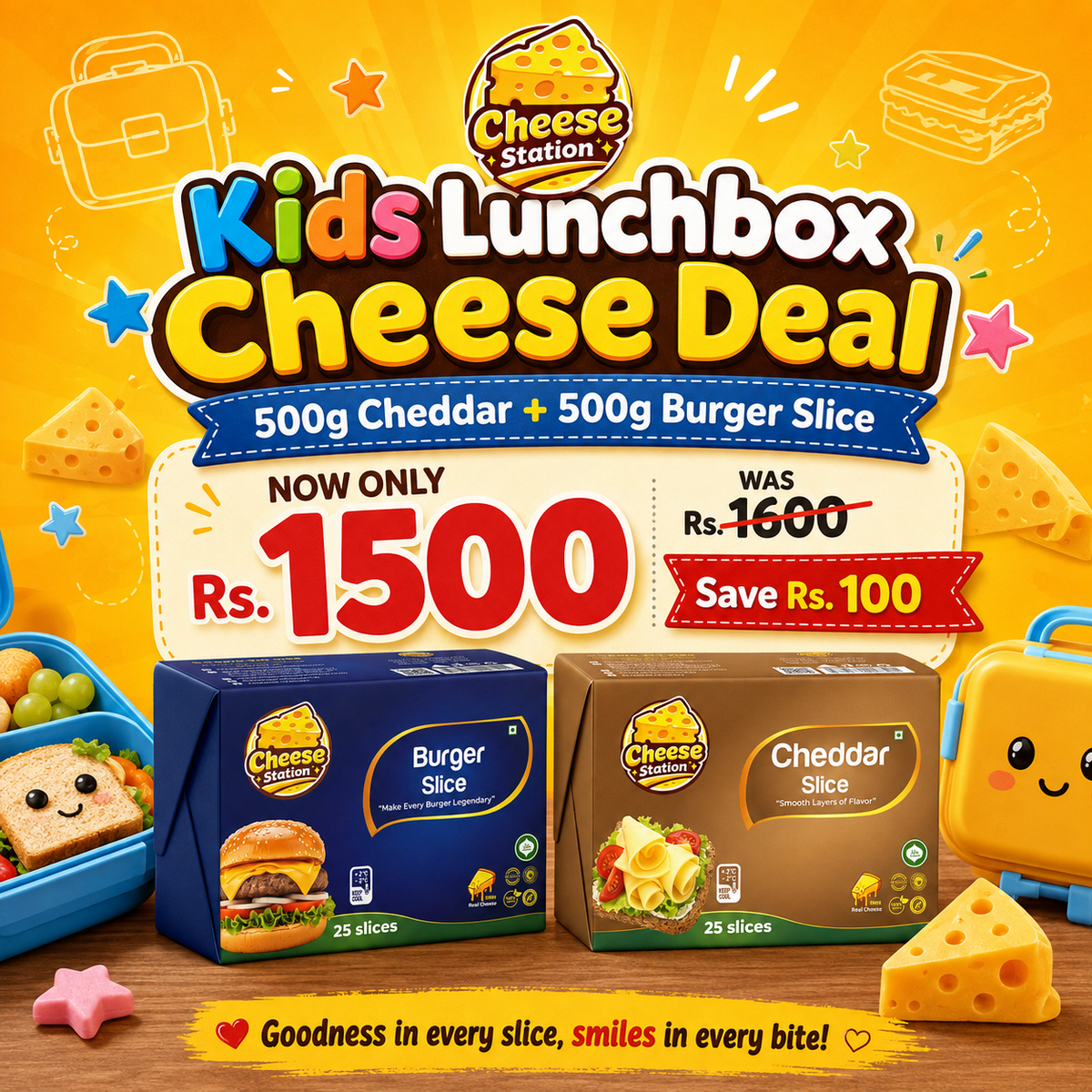 Kids Lunchbox Cheese Deal – 500g Cheddar Slice + 500g Burger Slice