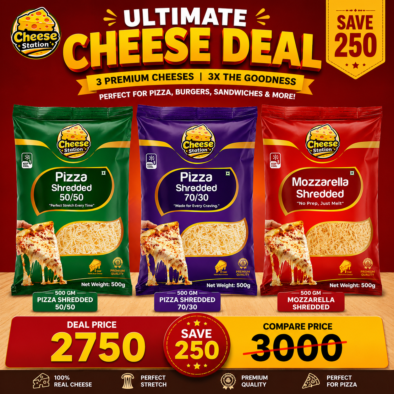Premium Pizza Cheese Trio – 500GM Each