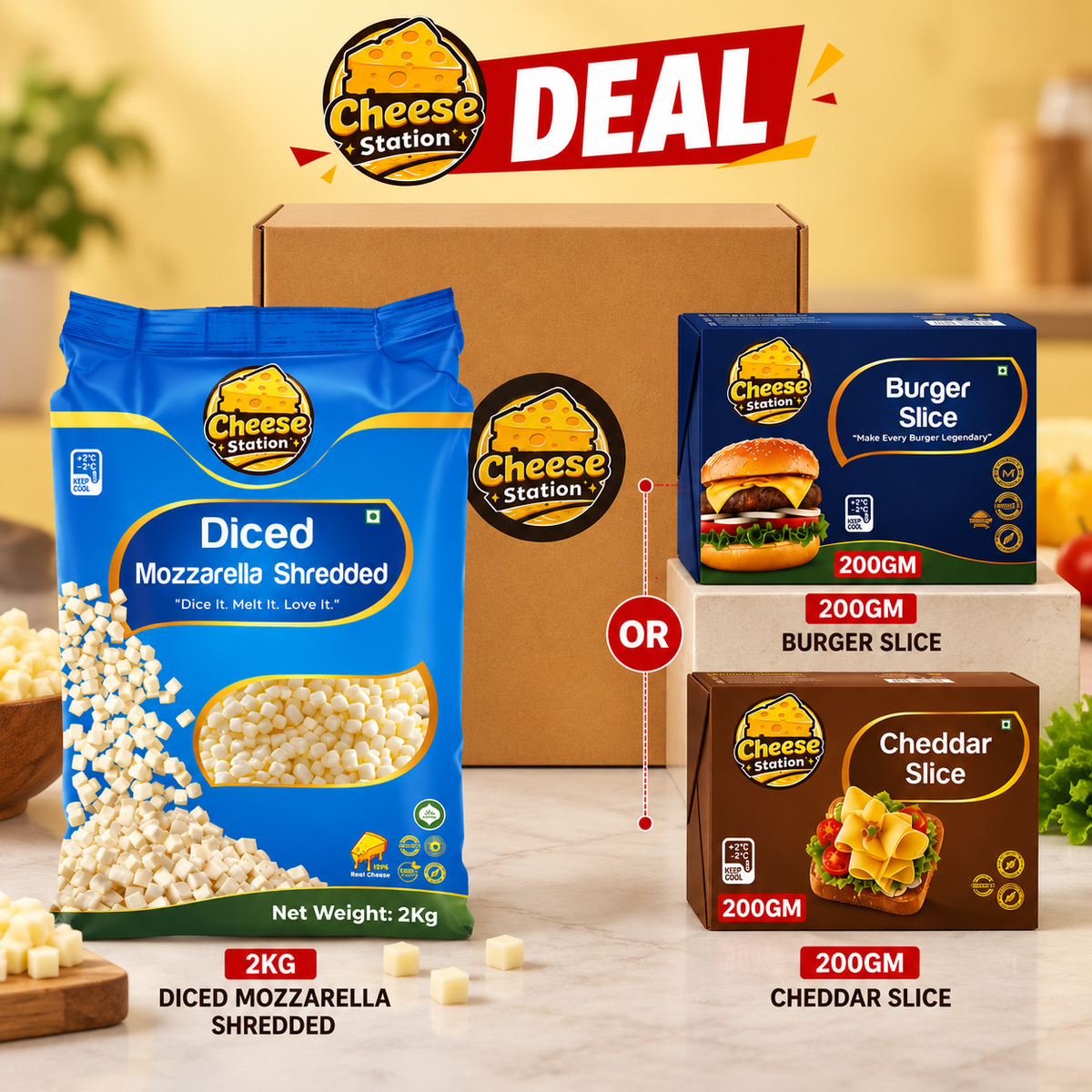 Diced Mozzarella Cheese – 2KG + FREE 200gm Cheese Slices